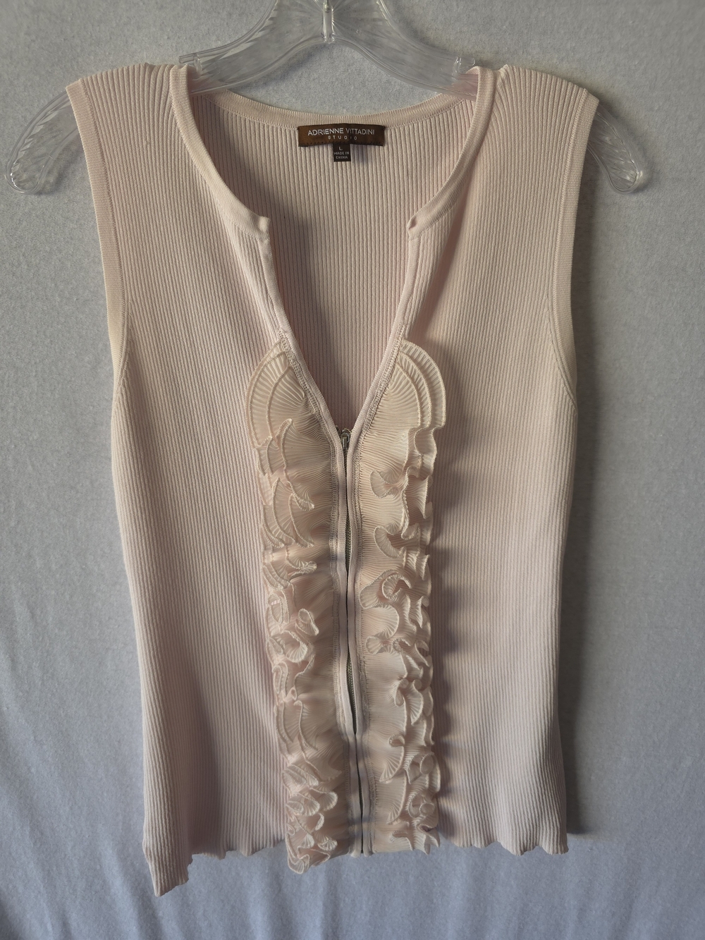 Adrienne Vittadini Soft Pink Ribbed Zip-Front Ruffle Tank